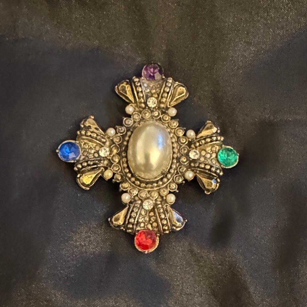 Pearl Cross Brooch with Multicolor Rhinestones, Baroque Statement Pin